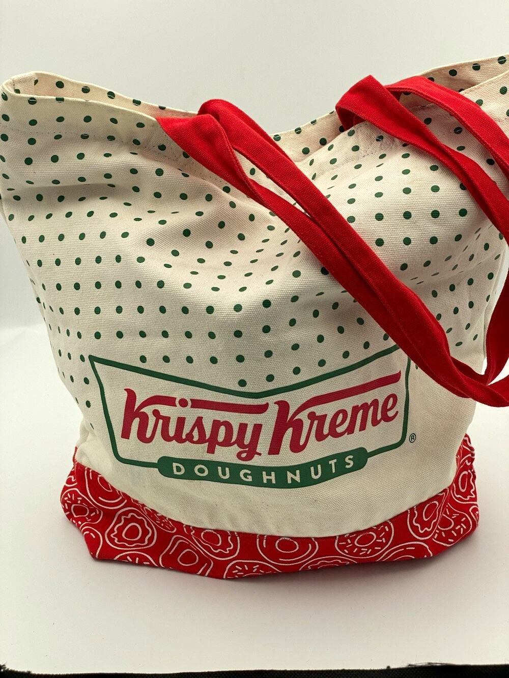 Krispy Kreme Cotton Polka Dot Reusable Tote Bag Double Handles White/Red/Green